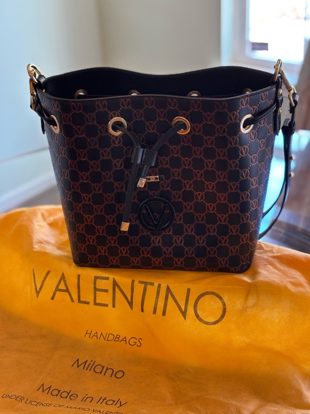 Valentino Brown & Black Logo Drawstring Bucket Bag